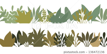 Set of horizontal botanical borders made of layered leaves and plants. Flat vector shapes with natural colors, varied silhouettes 136472136