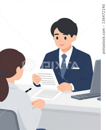 Illustration of a male and female bank employee explaining documents at the counter 136472140