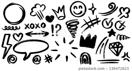 Hand Drawn Black Marker Doodles and Graffiti Elements Set on White Background Hand Drawn Black Marker Doodles and Graffiti Elements Set on White Background 136472623