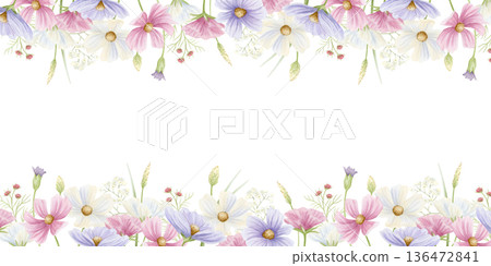 Elegant floral spring banner watercolor illustration isolated on white. Blooming cosmos flowers horizontal template. Pastel wildflowers in pink and purple colors for delicate botanical designs 136472841