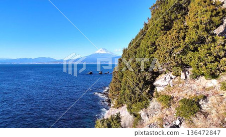 伊豆鬱鬱蔥蔥的青山、駿河灣碧波蕩漾的海水以及富士山盡收眼底 | 這是從伊豆西海岸最著名的觀景點之一眺望的景色。 伊豆鬱鬱蔥蔥的青山、駿河灣碧波蕩漾的海水以及富士山盡收眼底 | 這是從伊豆西海岸最著名的觀景點之一眺望的景色。 136472847