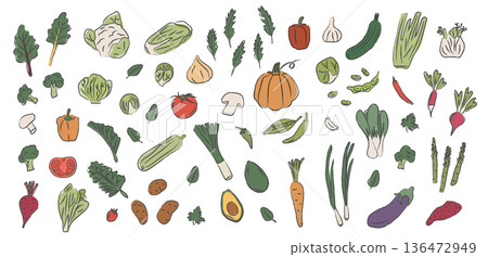 Hand drawn crayon vegetable doodle set. Textured pastel sketch icons of market produce for rustic recipe design, kids nutrition projects, and organic food branding. Vector illustration isolated. Hand drawn crayon vegetable doodle set. Textured pastel sketch icons of market produce for rustic recipe design, kids nutrition projects, and organic food branding. Vector illustration isolated. 136472949