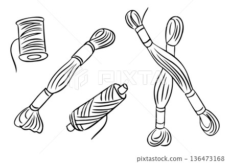 Hand drawn thread spool and skein set isolated on white background Vector sewing supply illustration for craft and handmade design, concept of tailoring and hobby Hand drawn thread spool and skein set isolated on white background Vector sewing supply illustration for craft and handmade design, concept of tailoring and hobby 136473168