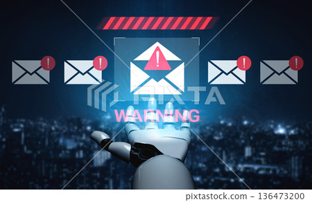 Robot hand interacting with digital warning alert of potential email threat and phishing attempt depicted with futuristic technology and dark background Gantry Robot hand interacting with digital warning alert of potential email threat and phishing attempt depicted with futuristic technology and dark background Gantry 136473200