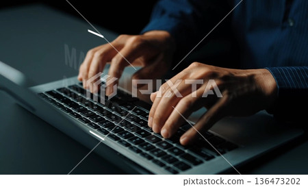 Close-Up View of Hands Typing on Laptop Keyboard in Dimly Lit Environment for Business, Technology, and Communication Themes. Asymptotic smart data analytic Close-Up View of Hands Typing on Laptop Keyboard in Dimly Lit Environment for Business, Technology, and Communication Themes. Asymptotic smart data analytic 136473202