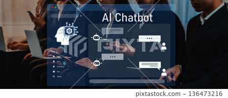Professionals Engaging with AI Chatbot Interface on Smart Devices in Modern Workplace Setting with Futuristic Technology Elements Trope 136473216