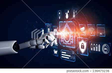 Futuristic Robot Hand Interacting with Smart Home Technology Interface Featuring Icons Representing Various Digital Applications and Security Features Quark Futuristic Robot Hand Interacting with Smart Home Technology Interface Featuring Icons Representing Various Digital Applications and Security Features Quark 136473236