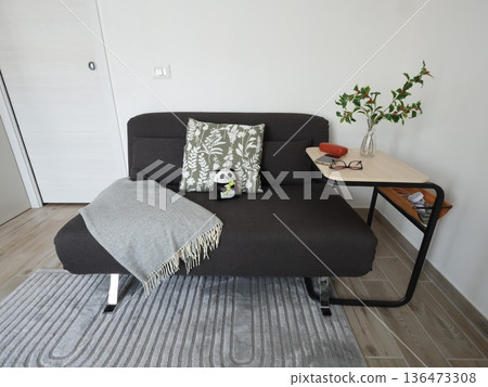 Compact black folding sofa bed with throw and pillows, and side table. Furniture for small living room. Light walls, gray carpet. Compact black folding sofa bed with throw and pillows, and side table. Furniture for small living room. Light walls, gray carpet. 136473308