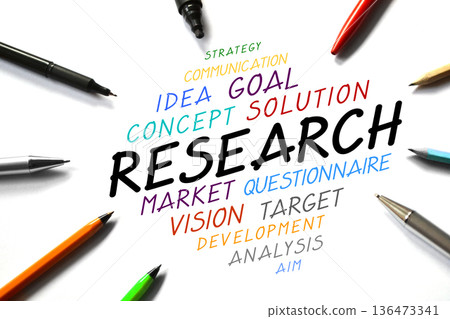 Research word and pens on white background Research word and pens on white background 136473341