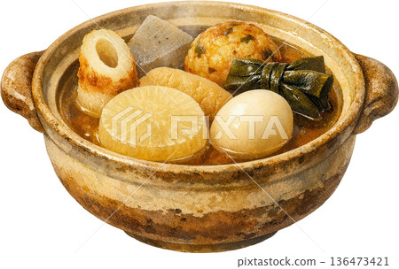 Watercolor illustration of a warm winter hot pot dish simmered in a clay pot Watercolor illustration of a warm winter hot pot dish simmered in a clay pot 136473421