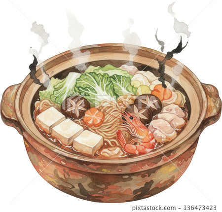 水彩插畫，描繪了一鍋在砂鍋中咕嘟咕嘟冒著熱氣的冬日火鍋。 136473423
