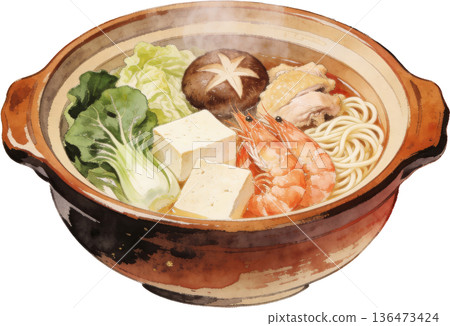 Watercolor illustration of a warm winter hot pot dish simmered in a clay pot 136473424