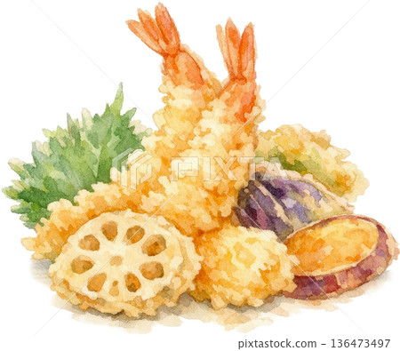 水彩插畫，描繪了各種天婦羅，酥脆的日式食物，包括蝦子和蔬菜。 136473497