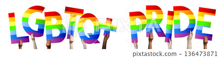 LGBTQ+ banner - human hands holding colorful letters LGBTQ+ banner - human hands holding colorful letters 136473871