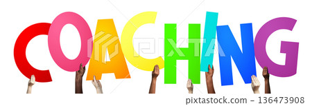 Coaching - human hands holding colorful letters Coaching - human hands holding colorful letters 136473908