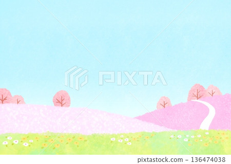 Spring landscape illustration of fields and mountains with cherry blossoms against the blue sky Spring landscape illustration of fields and mountains with cherry blossoms against the blue sky 136474038
