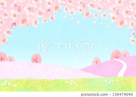 A cute spring landscape illustration with flowers blooming in the fields and cherry blossoms in full bloom A cute spring landscape illustration with flowers blooming in the fields and cherry blossoms in full bloom 136474040