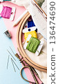 Colorful embroidery threads and tools arranged in a creative workspace with copy space 136474690