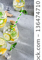 Refreshing beverage with lemon, cucumber, and mint served in glasses on a textured surface 136474710