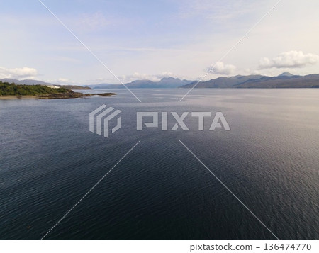 Remote scottish loch waters reflecting cloudy sky Remote scottish loch waters reflecting cloudy sky 136474770