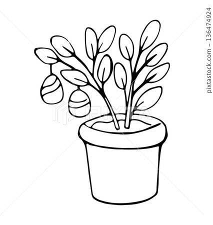 Hand Drawn Potted Plant with Easter Eggs Minimal Line Art Illustration 136474924