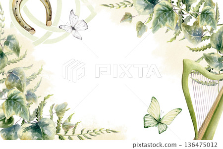Fern and ivy in enchanting corner frame,with gold watercolor splashes and Irish symbols harp,horseshoe,Celtic triad,green,white butterflies.For mystical wedding invites,Irish heritage,stationery Fern and ivy in enchanting corner frame,with gold watercolor splashes and Irish symbols harp,horseshoe,Celtic triad,green,white butterflies.For mystical wedding invites,Irish heritage,stationery 136475012