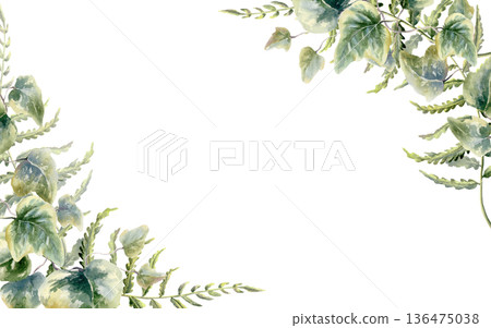 Fern leaves,ivy twigs in corner frame of mysterious,designed as a forest themed card template.Watercolor,delicate details,nature border for wedding invitations,woodland branding,magical storytelling 136475038
