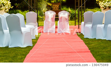Many wedding chairs with white elegant covers Many wedding chairs with white elegant covers 136475049