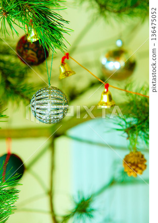 Closeup bauble Christmas tree ornament decoration. Closeup bauble Christmas tree ornament decoration. 136475052