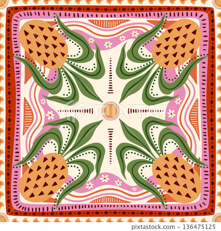 Tropical fruit tile, scarf, square seamless pattern with pineapple, geometric checkered ornament. Vector summer print 136475125