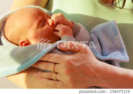Little newborn baby sleeping calmly in blanket Little newborn baby sleeping calmly in blanket 136475129