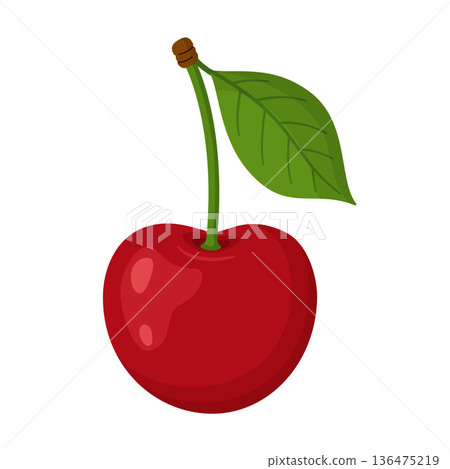 Single red cherry with green leaf and stem. Bright Hand drawn trendy flat style Single red cherry with green leaf and stem. Bright Hand drawn trendy flat style 136475219