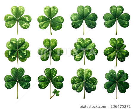 一排形狀各異的綠色三葉草排列在白色背景上 136475271