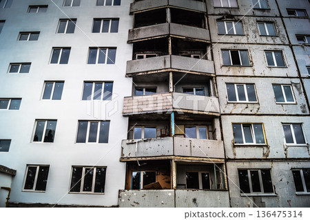 Damaged building in Saltivka, Kharkiv, Ukraine Damaged building in Saltivka, Kharkiv, Ukraine 136475314