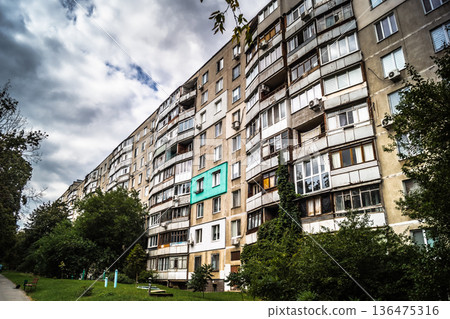 Damaged building in Saltivka, Kharkiv, Ukraine Damaged building in Saltivka, Kharkiv, Ukraine 136475316