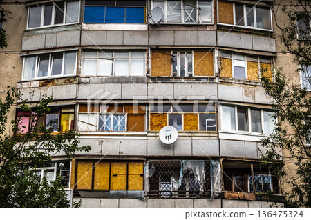 Damaged building in Saltivka, Kharkiv, Ukraine Damaged building in Saltivka, Kharkiv, Ukraine 136475324