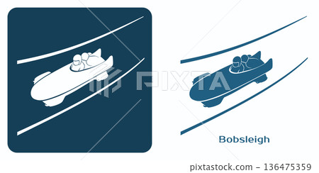 Stylized icon of bobsleigh with athletes in aerodynamic sled on icy track. Stylized icon of bobsleigh with athletes in aerodynamic sled on icy track. 136475359