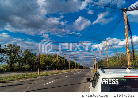 Anti-drone nets defense system near Kramatorsk, Ukraine Anti-drone nets defense system near Kramatorsk, Ukraine 136475532