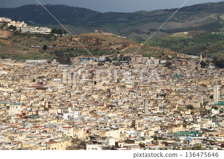 Distant view of the old town of Fes, a World Heritage Site in Morocco 136475646