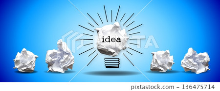 Paperball light bulbs on blue background - idea, creativity concept Paperball light bulbs on blue background - idea, creativity concept 136475714