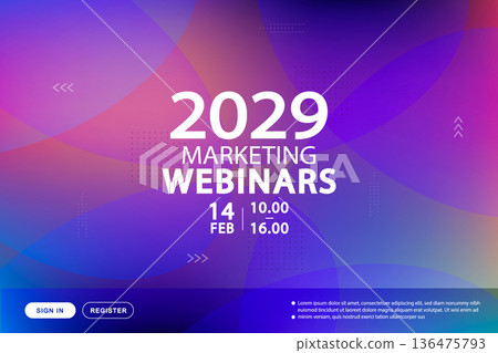 Engage your audience using this professional marketing webinars landing page layout. This versatile template includes registration buttons for digital events and online corporate training. 136475793