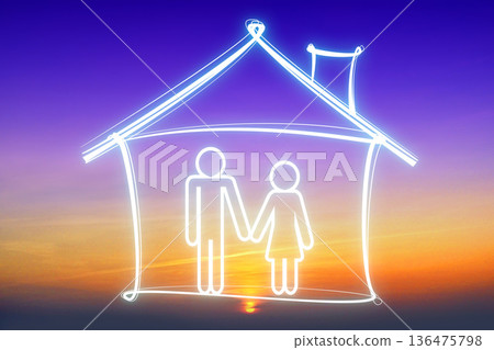 Sunset sky, couple and house shape - property, insurance concept 136475798