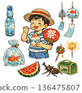 Showa retro summer children's illustration set (transparent background) 136475807
