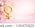Venus sign 3d icon for 8 March holiday with flowers and bokeh light. Feminine background with copy space. 136475820