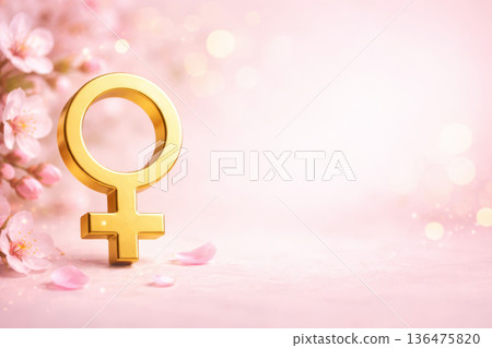 Venus sign 3d icon for 8 March holiday with flowers and bokeh light. Feminine background with copy space. 136475820