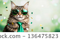St. Patricks Day greeting card with cat, green accessories and shamrock confetti. 136475823