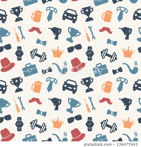 Fathers Day themed masculine accessories seamless pattern. Gentlemans essentials background. Geometric pattern, wallpaper, packaging. Fathers Day themed masculine accessories seamless pattern. Gentlemans essentials background. Geometric pattern, wallpaper, packaging. 136475943