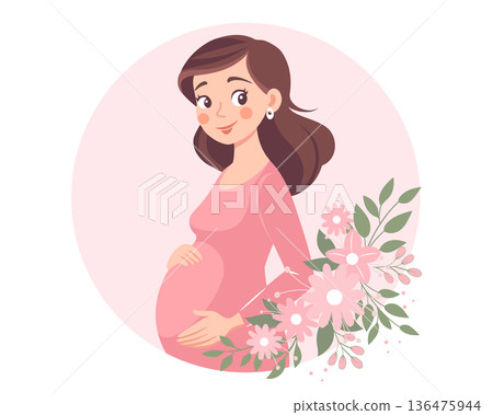 Beautiful pregnant woman with with floral decoration. Expectant mother. Illustration. Beautiful pregnant woman with with floral decoration. Expectant mother. Illustration. 136475944
