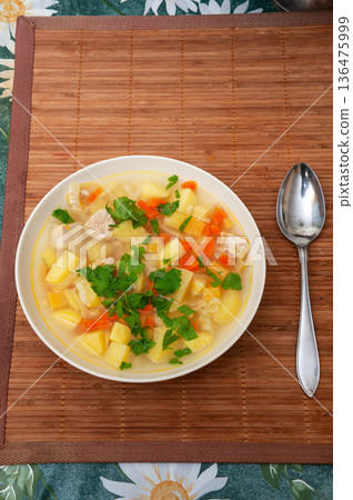 Vegetables and Meat Soup with Pork, Potato, Carrot, Celery; Turnip and Parsley. 136475999