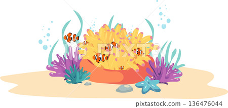 Underwater Ocean Coral Reef with Clownfish and Colorful Marine Life Underwater Ocean Coral Reef with Clownfish and Colorful Marine Life 136476044